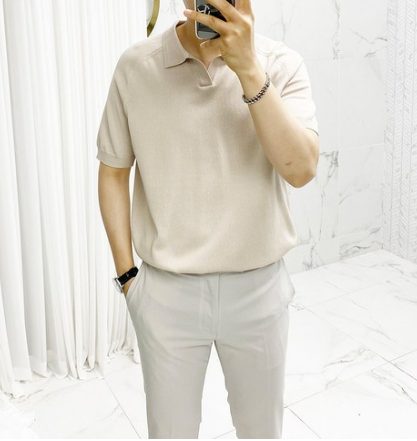 남성용 베이지 니트 반팔 티셔츠